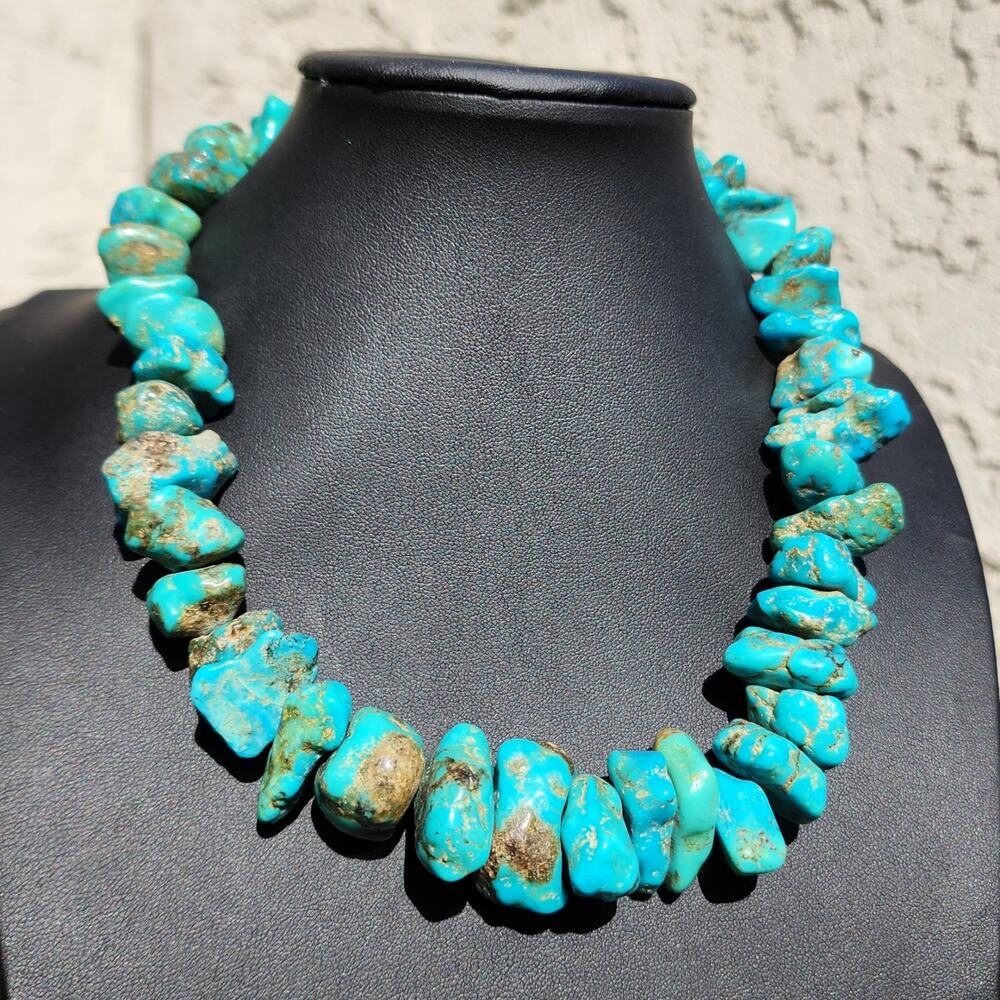 Vtg Santo Domingo Kingman Turquoise Necklace Blue Chunk Nugget Kewa Native Pawn - Picture 3 of 17